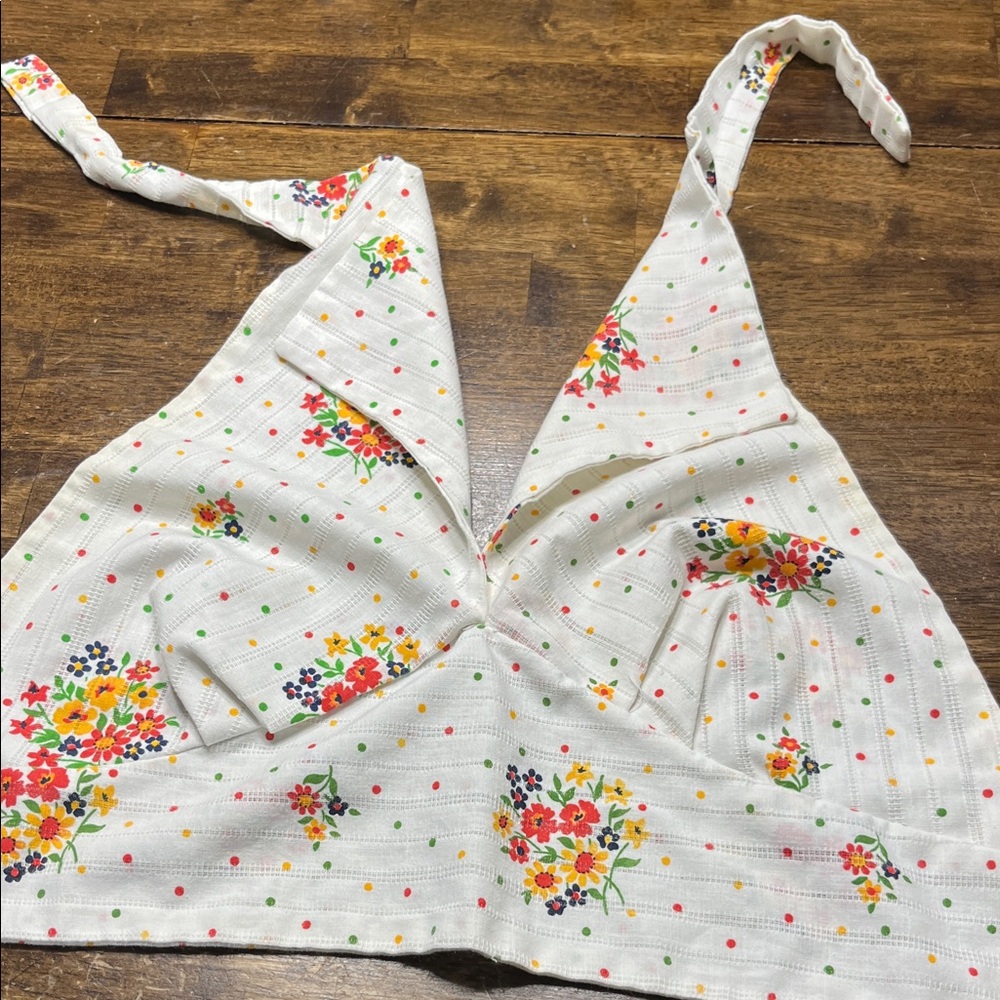 Source Unknown White Floral Halter Crop Top with Red, Yellow, Green Accents